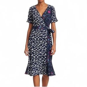Tanya Taylor Luisa mixed print silk wrap dress midi length size 10